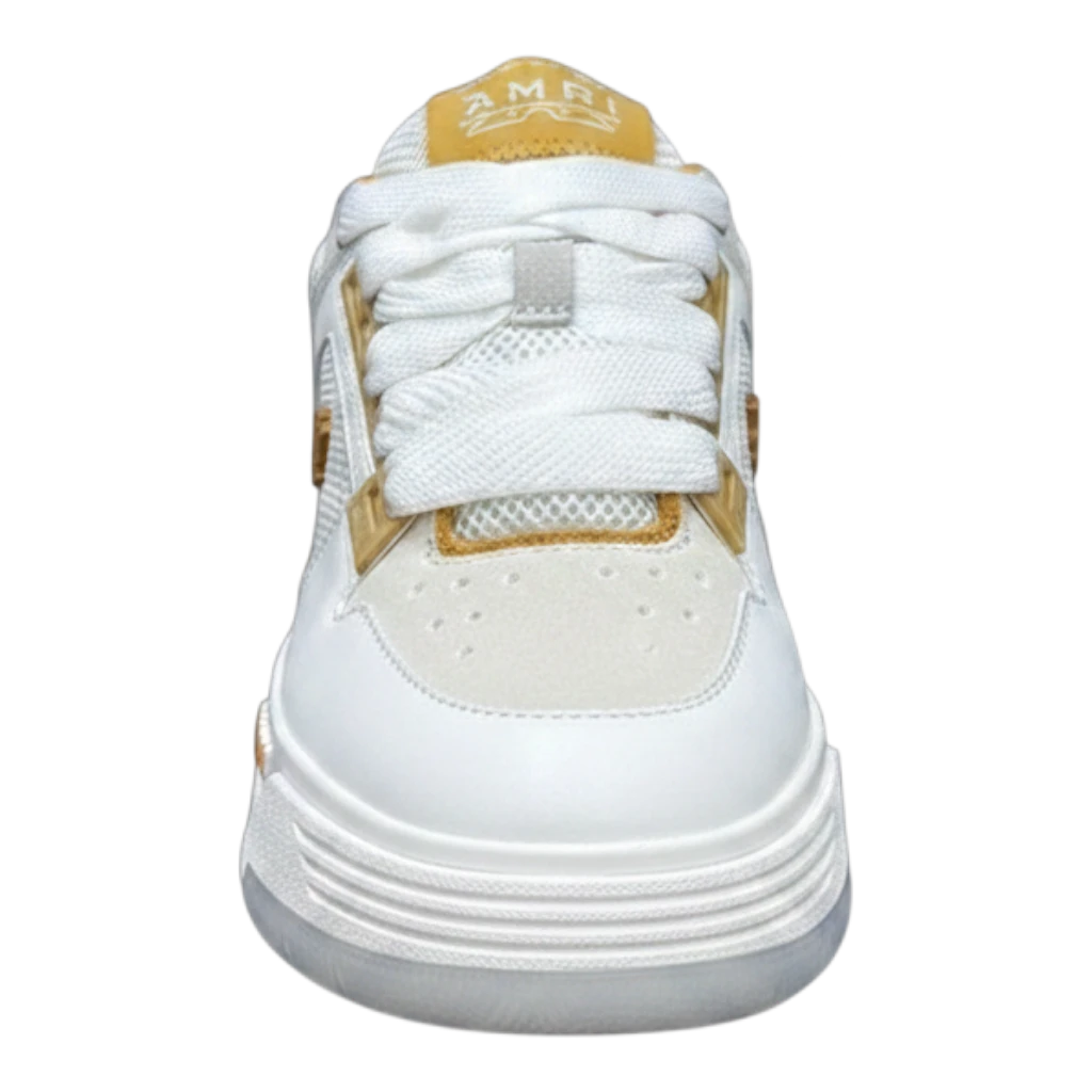 Zapatillas Dripbcnoficial AMIRI MA-1 blancas y amarillas con cordones gruesos y diseño de cuero premium