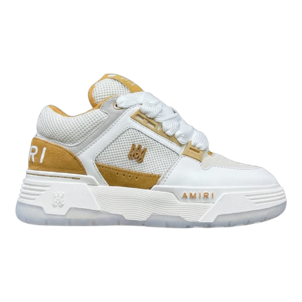 Zapatillas Dripbcnoficial AMIRI MA-1 en blanco y mostaza con paneles de malla y suela de goma translúcida