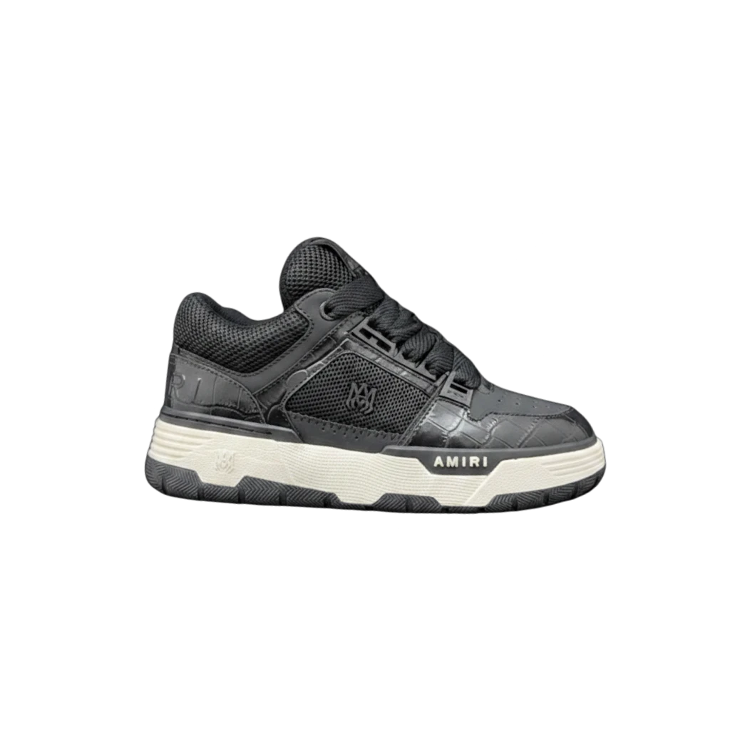 Zapatillas Dripbcnoficial AMIRI MA-1 negras con textura de piel de cocodrilo y suela de goma blanca